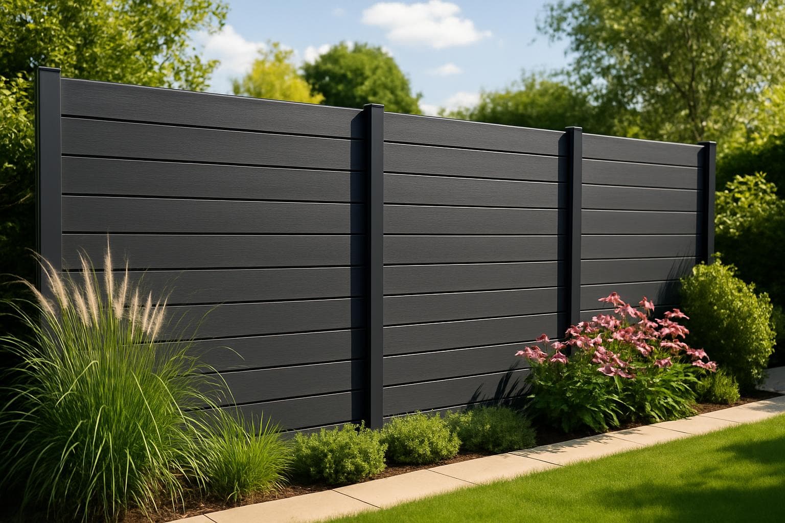 Clôture en lames composites anthracite dans un jardin moderne avec pelouse verte