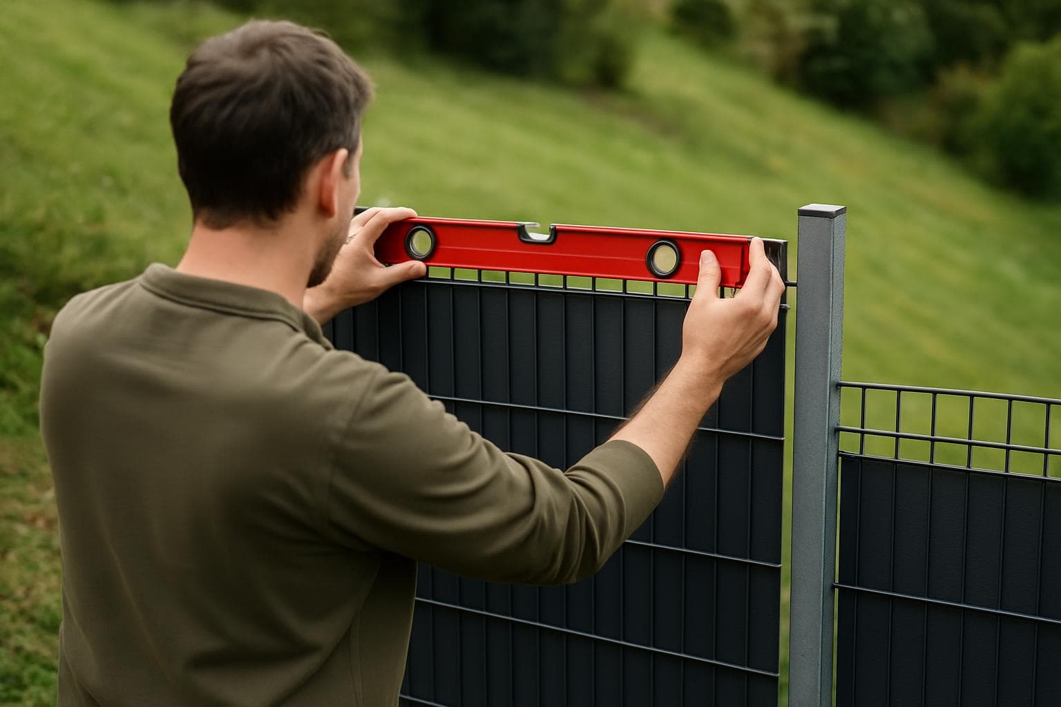Panneaux de grillage rigide posés en escalier sur poteaux le long d'un terrain en pente dans un jardin