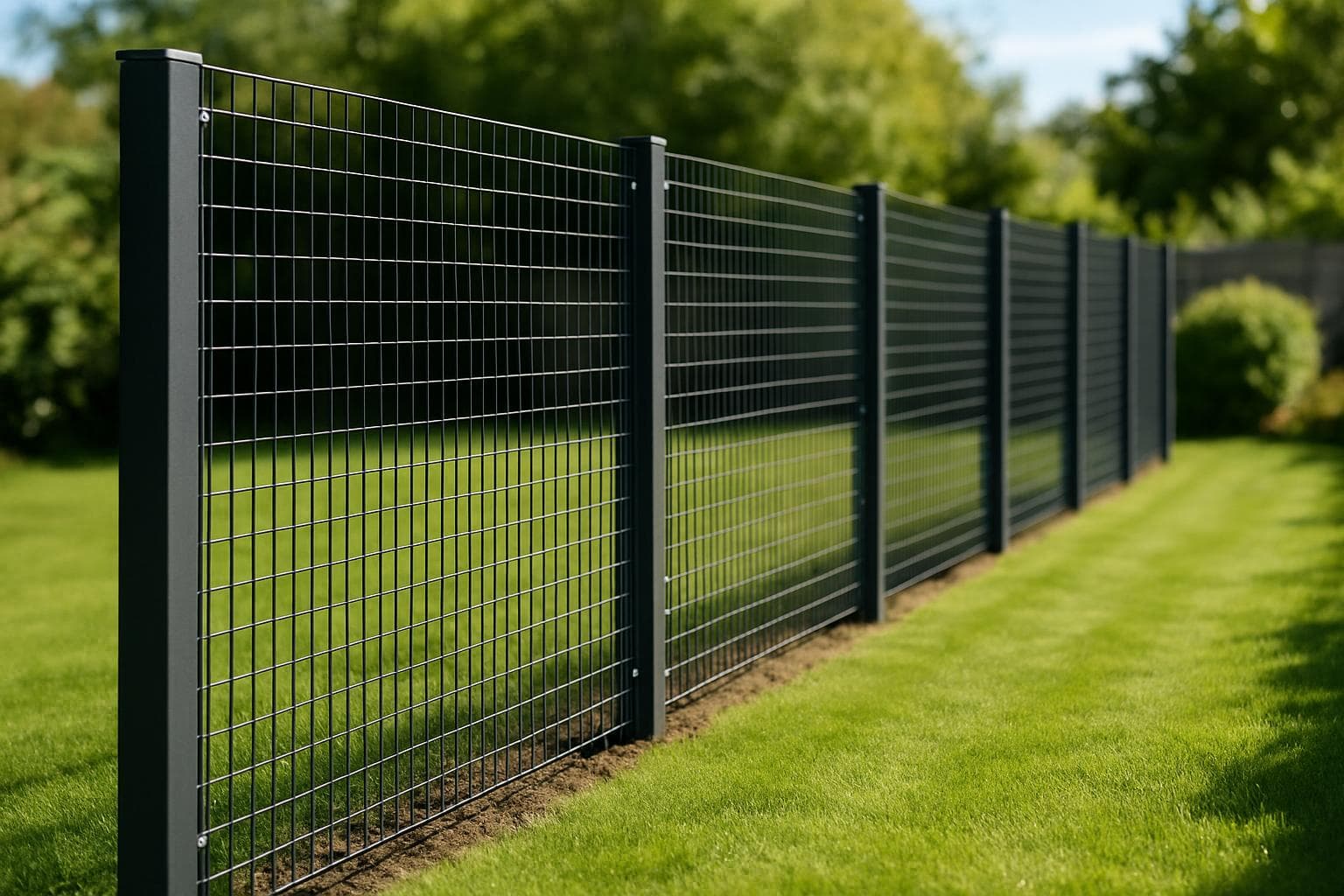 Panneaux de grillage rigide fixés entre deux poteaux lors de la pose d'une clôture de jardin