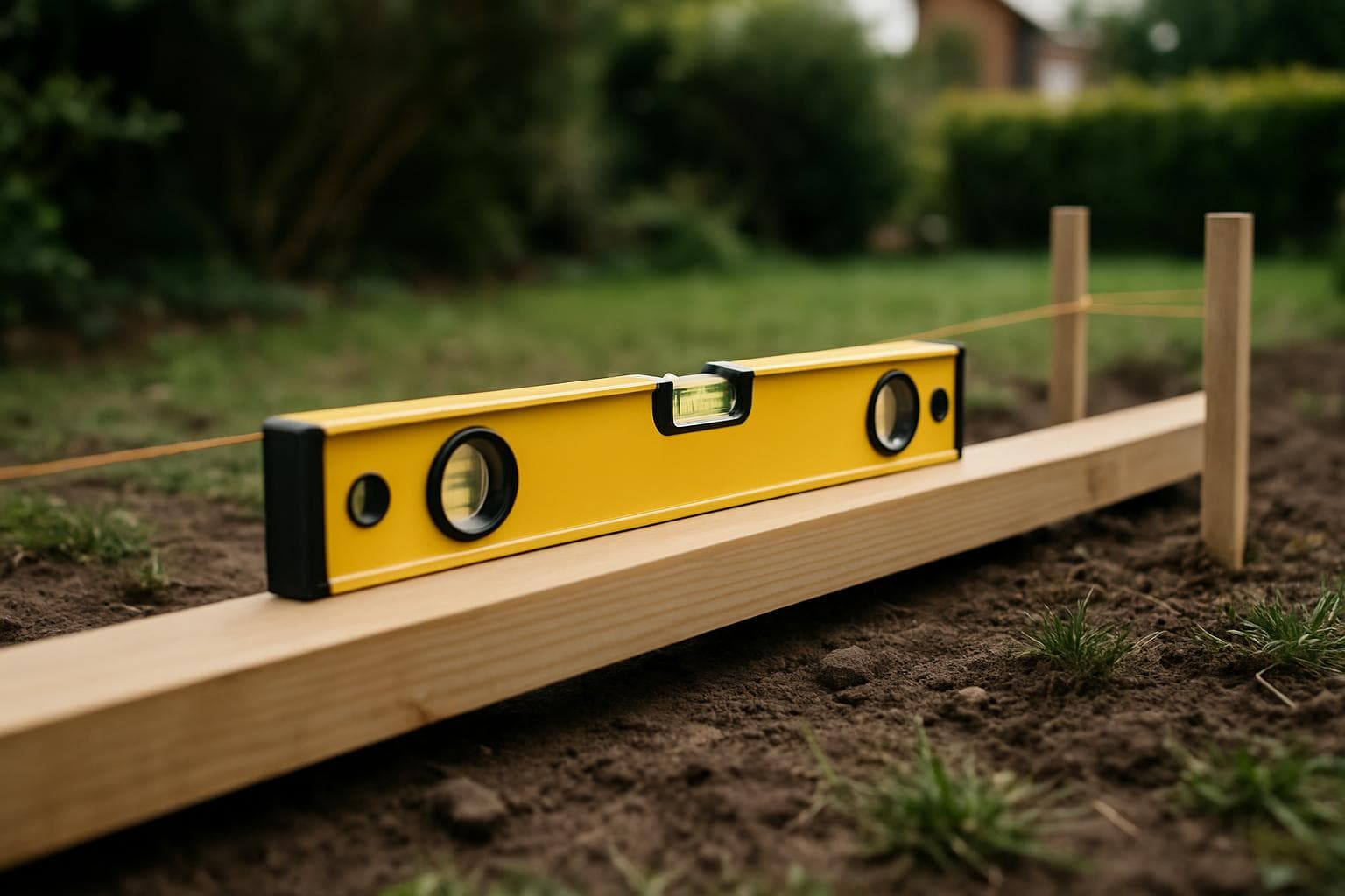 Niveau à bulle posé sur une planche de terrasse en bois — mesure du niveau avant pose