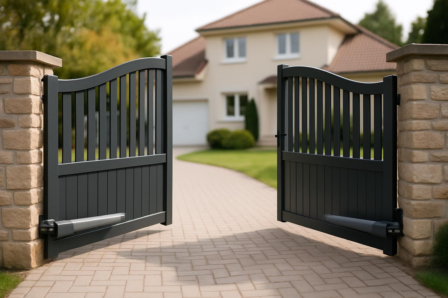 Portail battant aluminium gris anthracite 2 vantaux fermé devant une maison pavillonnaire, allée pavée et pelouse