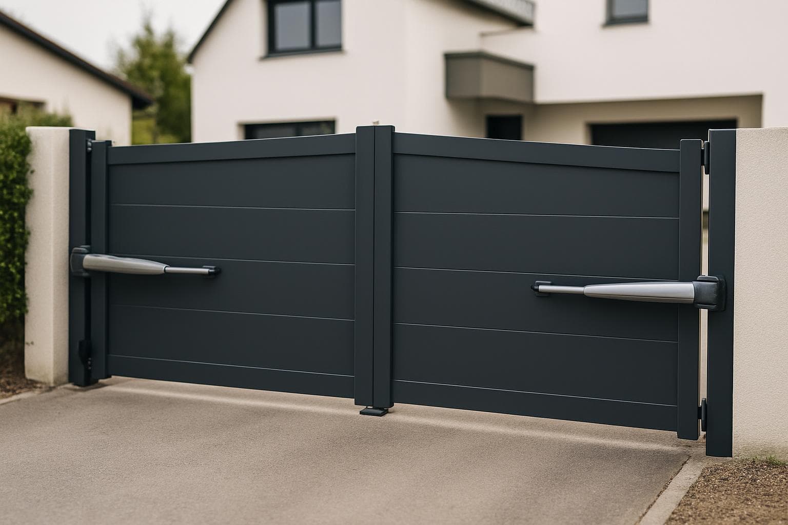 Portail battant 2 vantaux en aluminium gris anthracite en cours d'ouverture avec motorisation